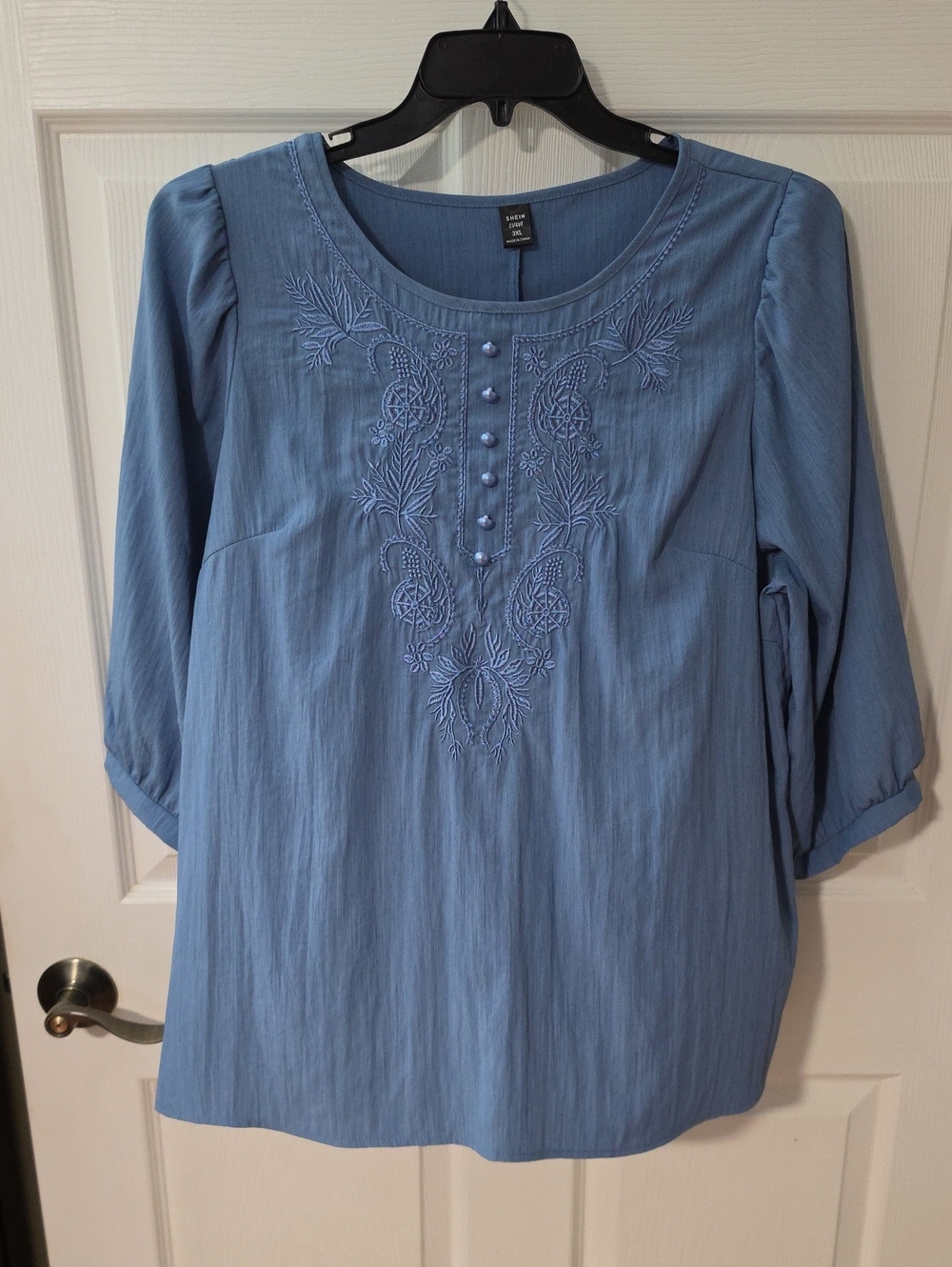 SHEIN Blue Embroidered Scoop Neck 3/4 Sleeve Tunic